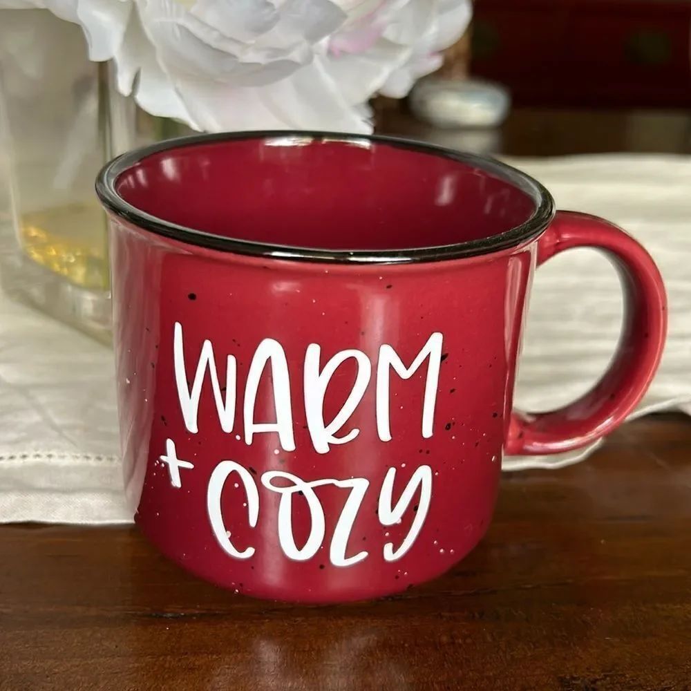 Mug warm + Cozy metal material burgundy and white color’s NWOT